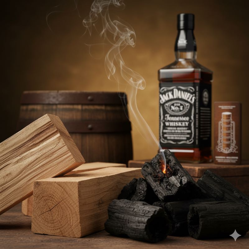 テネシーウイスキーの魂である、サトウカエデ（シュガーメープル）の木材と木炭のクローズアップ。自然素材へのこだわりを表現