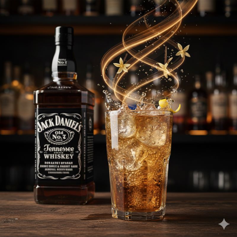 ジャックダニエル ブラック（Old No.7）のボトルと、炭酸の気泡が弾けるハイボールグラス。バニラやメープルの甘い香りが広がる様子を表現したシズル感のあるイメージ