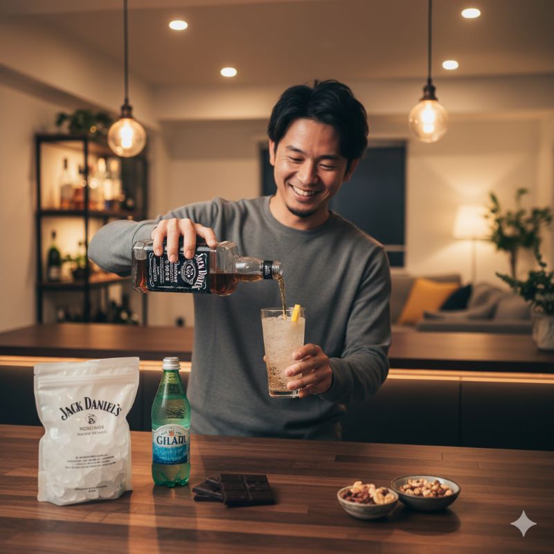 自宅のキッチンカウンターで、ジャックダニエルのボトルを手に持ち、氷の入ったグラスに楽しそうに注いでいる日本人の様子。「家飲み」の楽しさを表現