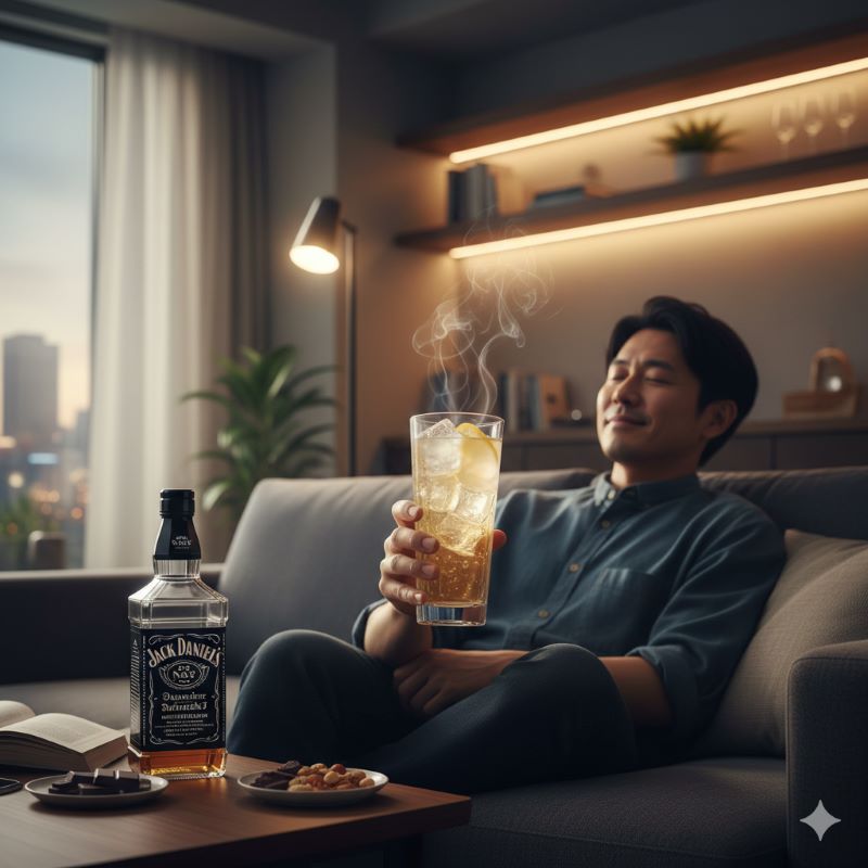 一日の終わりに、間接照明の落ち着いた日本のリビングで、作りたてのジャックダニエルハイボールを飲みながらリラックスしている至福の時間のイメージ