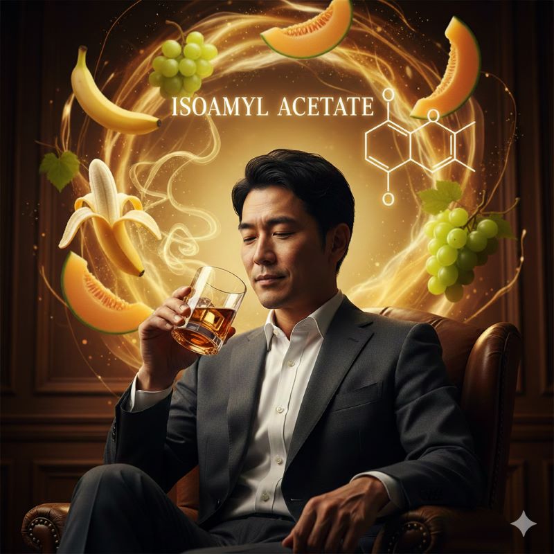 ウイスキーの香りを楽しむ日本人男性と、特徴的なバナナ香を表現したイメージ背景