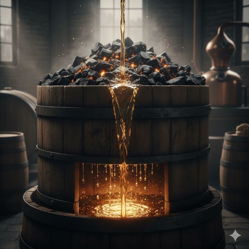 不純物を取り除くためにサトウカエデの木炭でウイスキーを濾過するチャコール・メローイング製法のイメージ