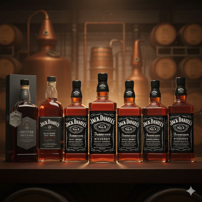 スタンダードなブラックラベルからプレミアムなシングルバレルまで並ぶウイスキーのラインナップ