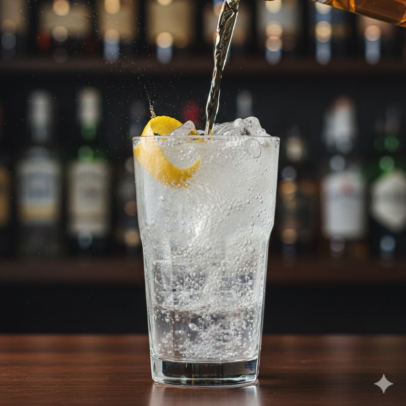 氷がたっぷり入ったグラスに注がれた、炭酸が弾ける爽やかなウイスキーハイボールとレモンピール