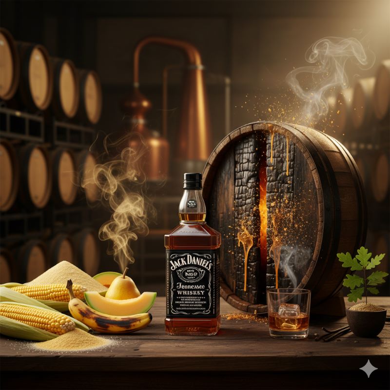 ウイスキーの甘みの源となるトウモロコシの山と、内側を強く焦がしたオーク樽（チャー）の断面イメージ