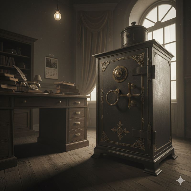 1900年代初頭の雰囲気漂う薄暗いオフィスに置かれた、重厚なアンティークの鉄製金庫
