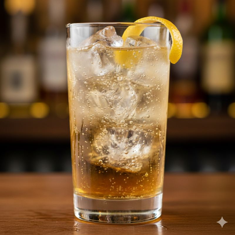 グラスの中で炭酸の気泡が美しく立ち昇る、清涼感あふれるウイスキーハイボールのアップ