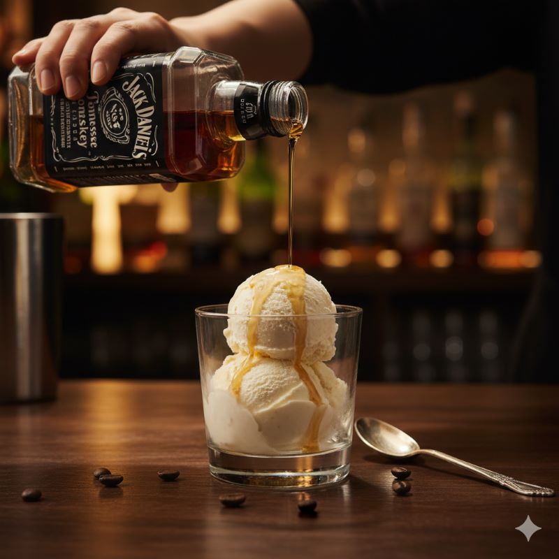 バニラアイスクリームに琥珀色のウイスキーを垂らして楽しむ、大人のデザート（アフォガート風）のイメージ