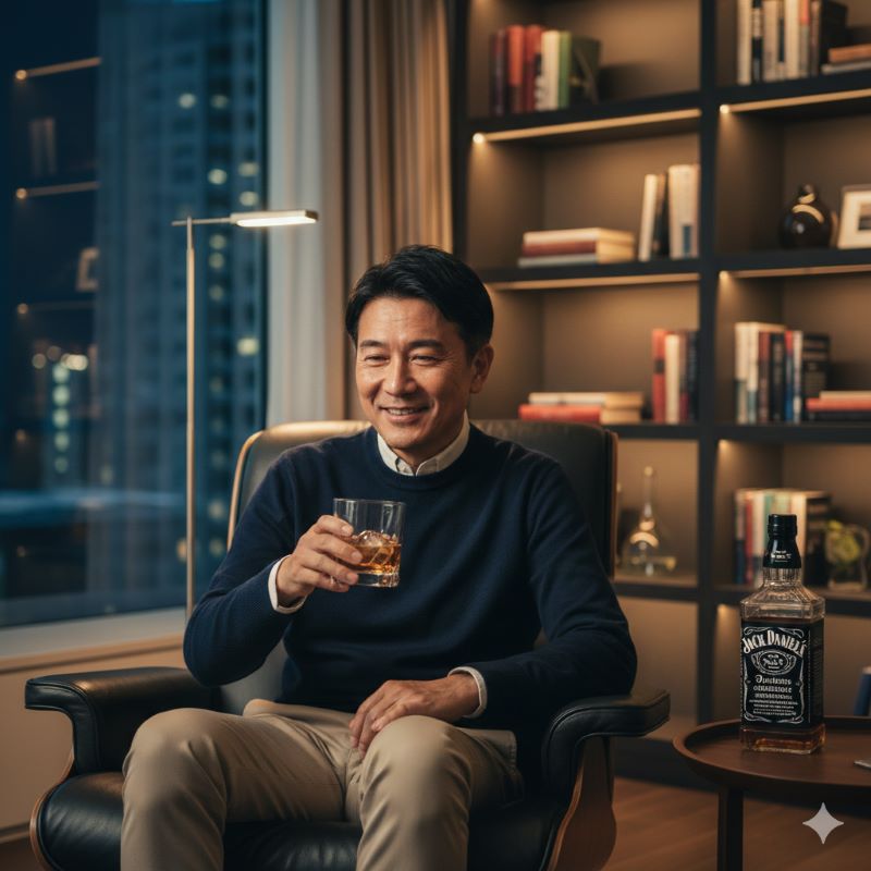 自宅のリビングでリラックスしながらウイスキーの入ったグラスを手に微笑む日本人男性。自信を持って楽しむライフスタイル