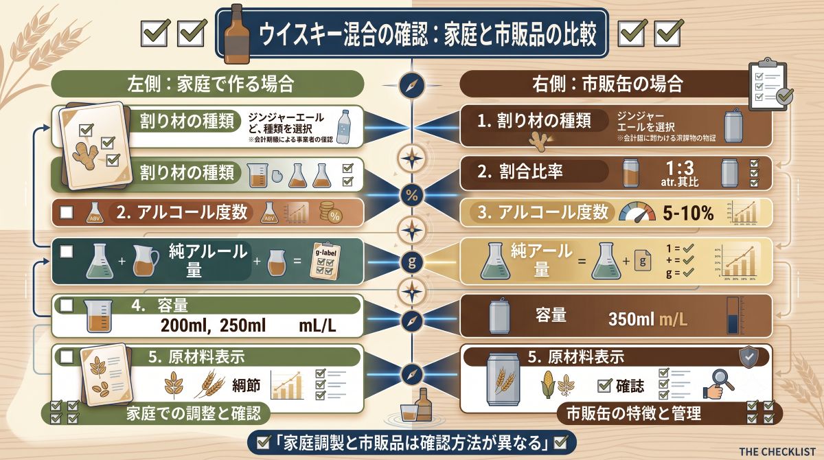 alt="家庭で作るコーラ割りと市販缶について混合比率、度数、純アルコール量、容量、原材料の確認方法を比較した図"