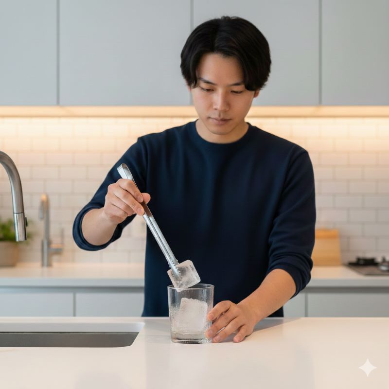 日本人男性の手が、トングを使って透明で大きな市販のロックアイス（純氷）をグラスに入れている様子。背景は清潔感のある家庭のキッチンカウンター。