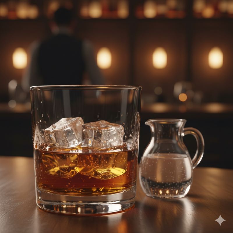 ロックグラスに正確に3つの氷が入っており、指2本分の高さまでウイスキーが注がれている様子。横に小さな水差し（チェイサー）が置かれた、ムーディーな雰囲気のテーブルセット。