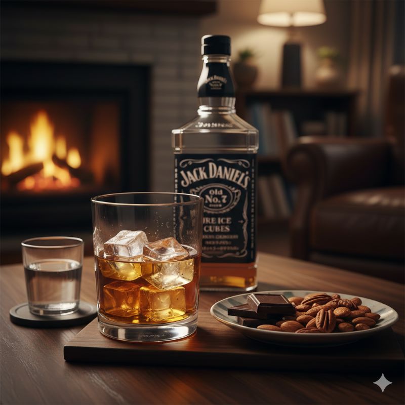 ウイスキーのロックグラスの横に、ビターチョコレートとミックスナッツが盛られた小皿が置かれている様子。リラックスした夜の家飲みの風景。