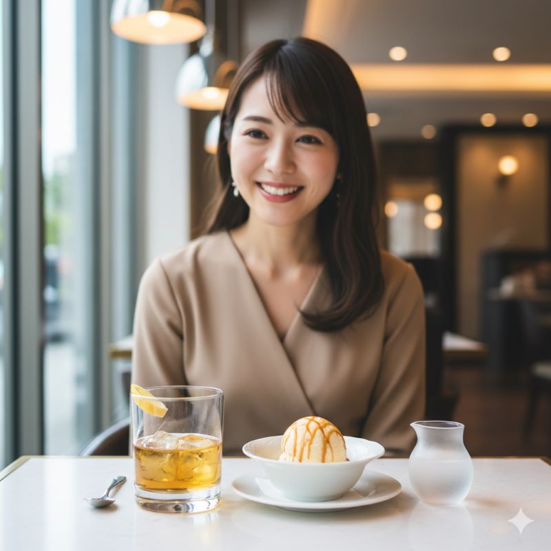 冷えたウイスキーのロックにレモンスライスが添えられ、隣にはバニラアイスクリームが置かれている様子。デザートタイムのような明るくお洒落な雰囲気。女性が楽しそうにしている様子。