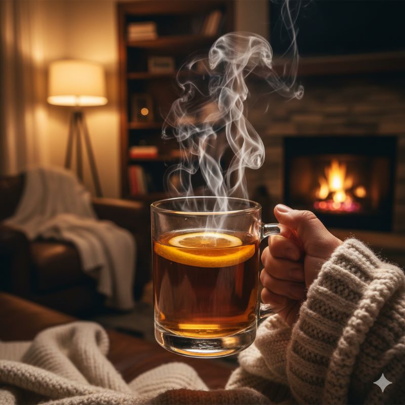 湯気が立つ耐熱グラスに入ったジャックダニエルのホットウイスキー。レモンスライスが浮かび、冬のリラックスタイムを演出する温かい一杯。