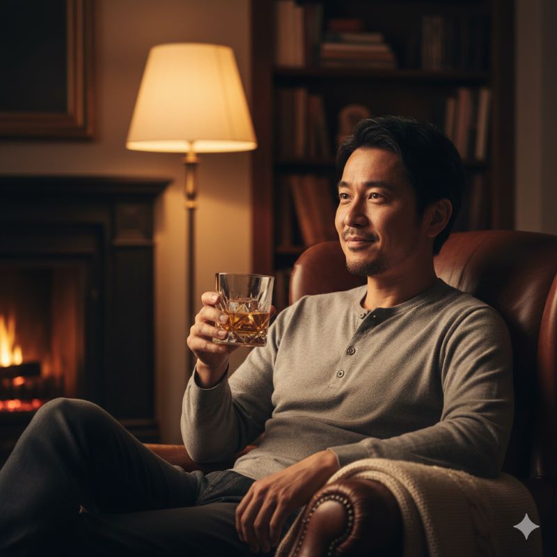 夜のリビングでジャックダニエルのロックを片手に、ゆったりとした時間を過ごす日本人男性。自宅での晩酌を楽しむ大人のライフスタイル。
