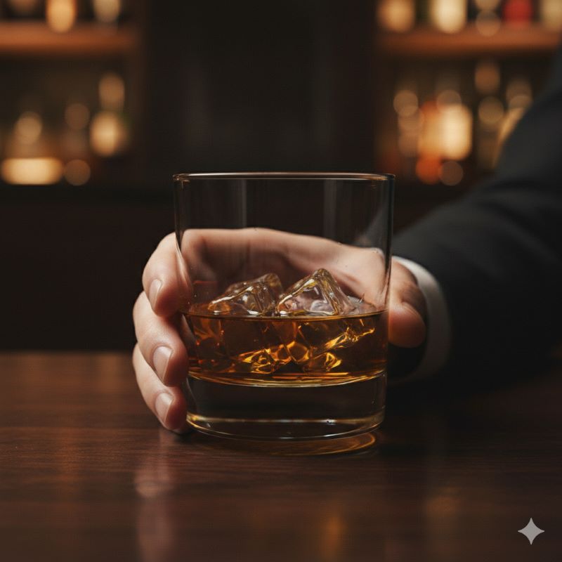 ロックグラスの底に指を当て、ウイスキーの注ぐ量を「ツーフィンガー（指2本分）」で確認している様子。家飲みで使える計量テクニック。