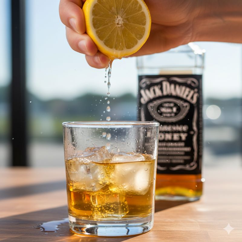ジャックダニエル・テネシーハニーのロックに、新鮮なレモンを絞り入れている様子。甘酸っぱく爽やかな「ハニーレモン」スタイルの楽しみ方。