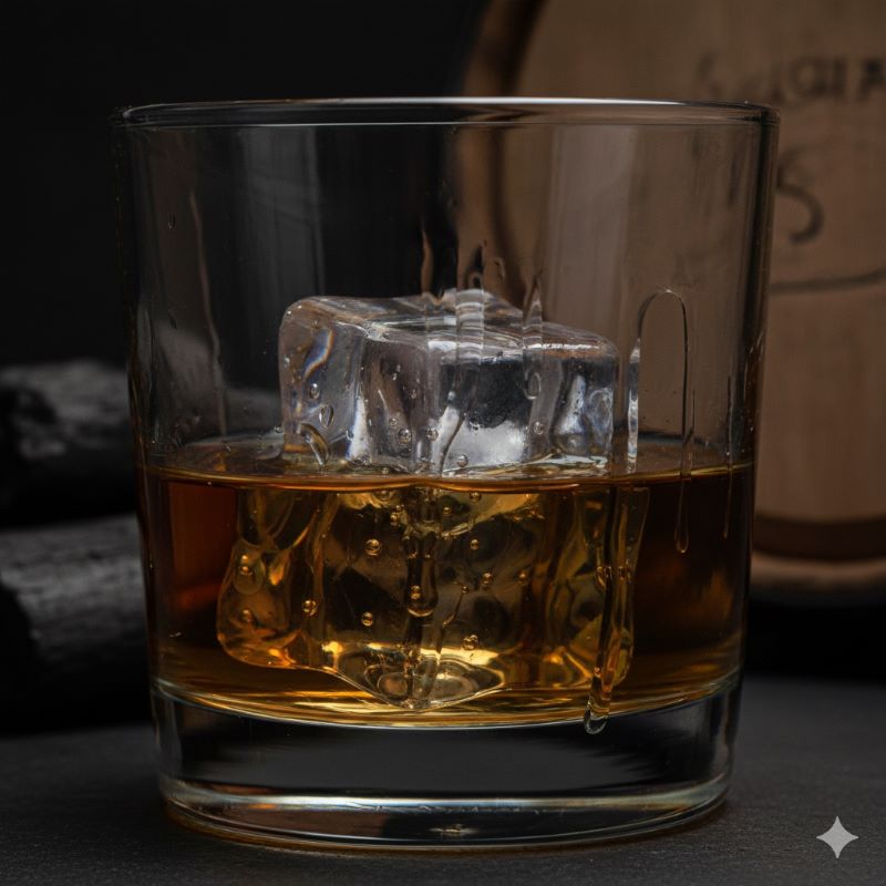 グラスの内側をゆっくりと伝うウイスキーの滴（レッグス）。ロックならではの濃厚なとろみと、リッチな質感を表現したマクロイメージ。