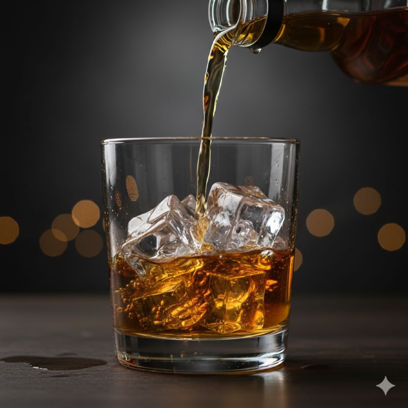 透明なロックアイスにウイスキーを静かに注いでいる瞬間。液体が氷を伝い、琥珀色の層が広がっていく美しい様子。