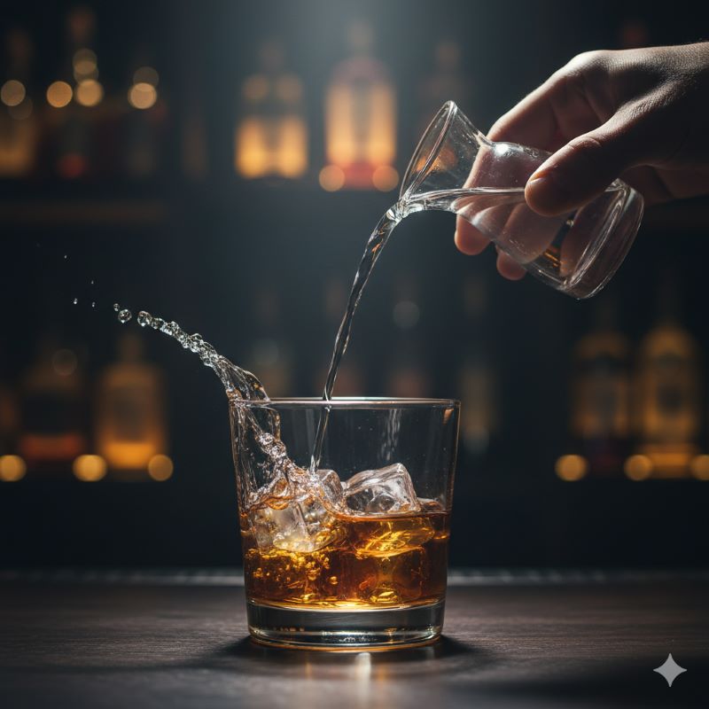 ジャックダニエルのロックに、仕上げの水を少量（スプラッシュ）加えている様子。香りをひらかせるための「シナトラ流」の儀式。