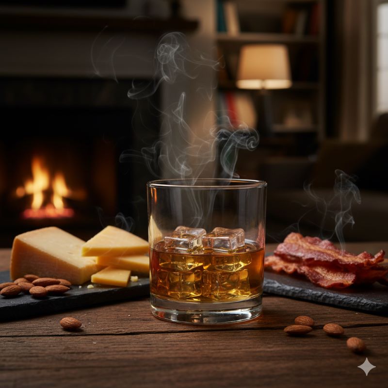 ジャックダニエルのロックと、相性の良いスモークチーズや燻製ベーコンの盛り合わせ。スモーキーな香りが調和する大人のペアリング。