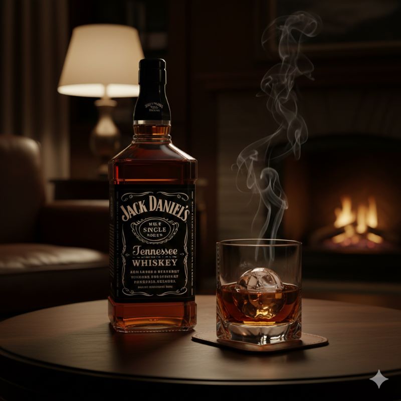 高級感漂うジャックダニエル・シングルバレルのボトルとロックグラス。プレミアムな銘柄をゆっくりと楽しむ、贅沢な時間のイメージ。