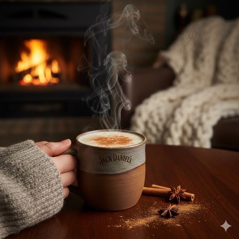 温かいミルクで割ったジャックダニエル（カウボーイ）が入ったマグカップ。シナモンがトッピングされ、冬の夜に心身を温めるスイートなカクテル。