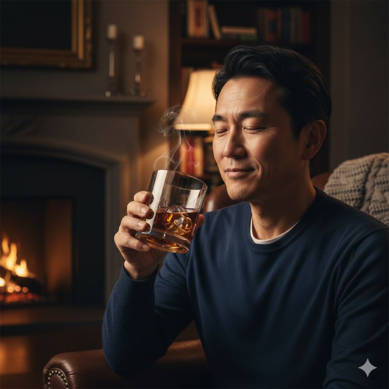 ロックグラスに入ったジャックダニエルの香りを楽しみ、その芳醇さに満足げな表情を浮かべる日本人男性。「ロックでも香りが損なわれない」ことを確認している様子。