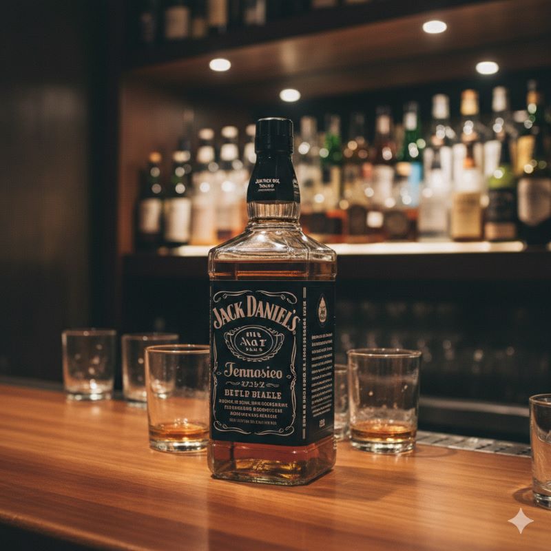 日本のバーカウンターに置かれた、黒いラベルが特徴的な四角いウイスキーボトル