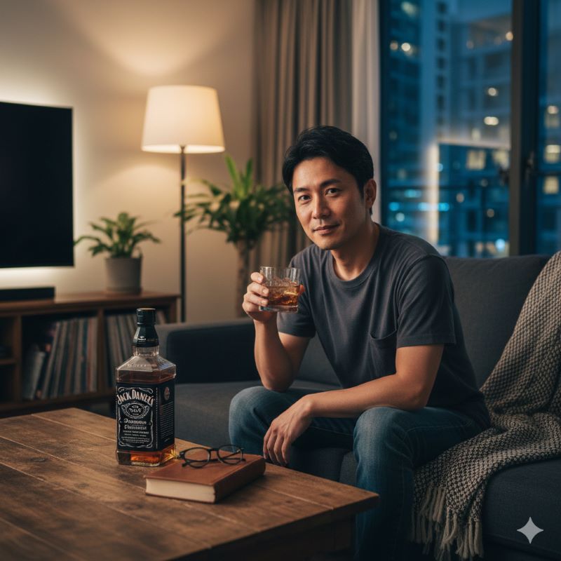 自宅のリビングで、ジャックダニエルを片手にリラックスした時間を過ごす日本人男性