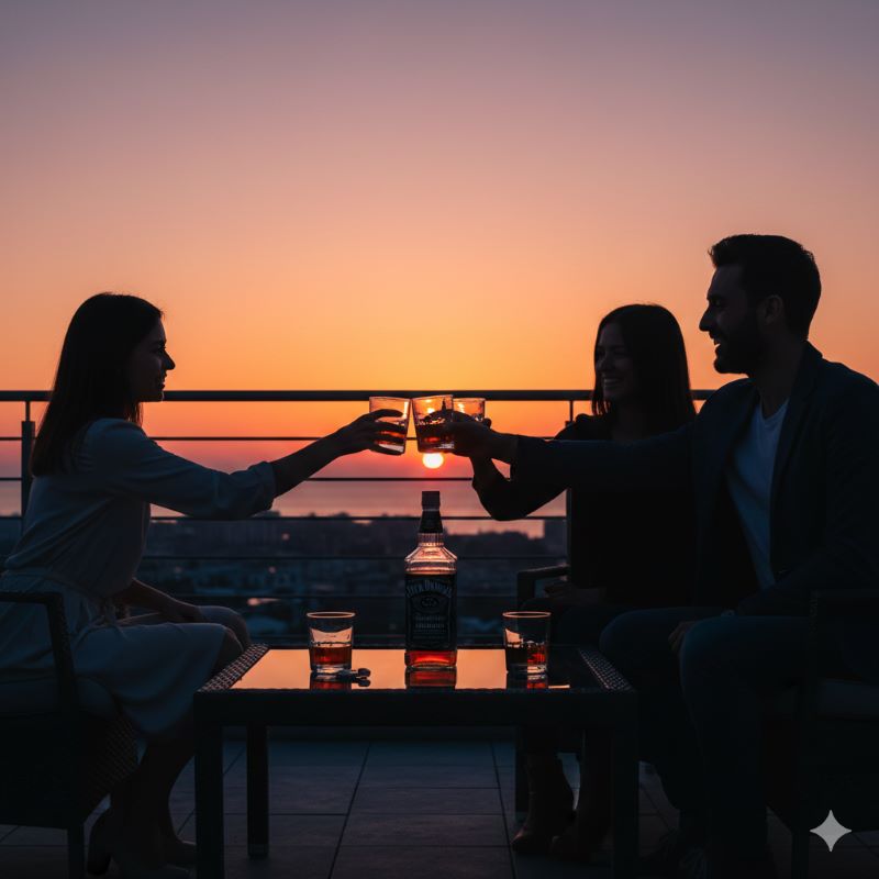 夕暮れ時のテラスで、ジャックダニエルを楽しむ友人たちのシルエット