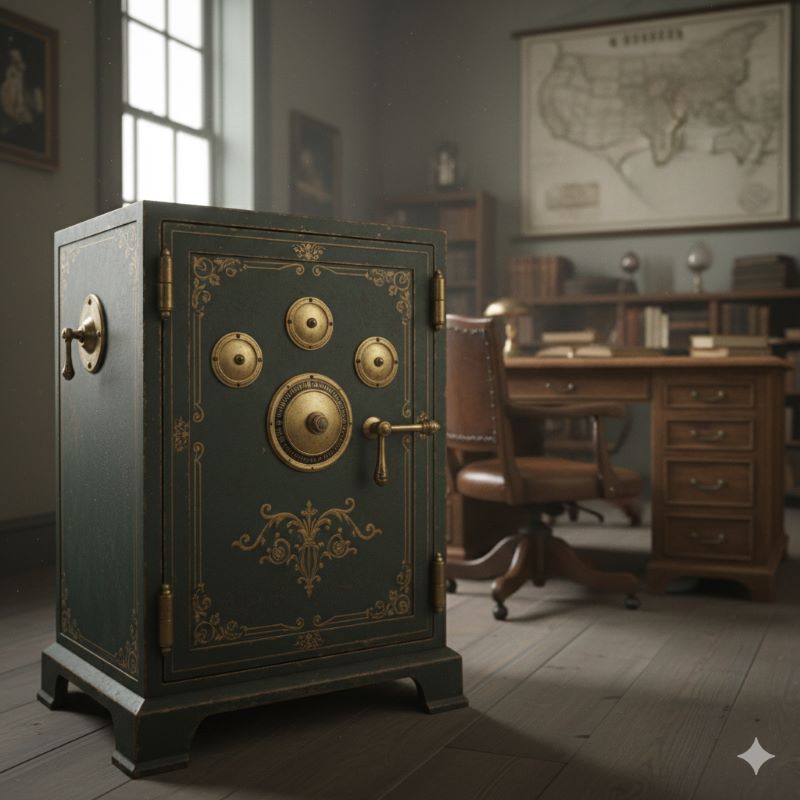 9世紀アメリカのオフィスにある、重厚なアンティークの鉄製金庫