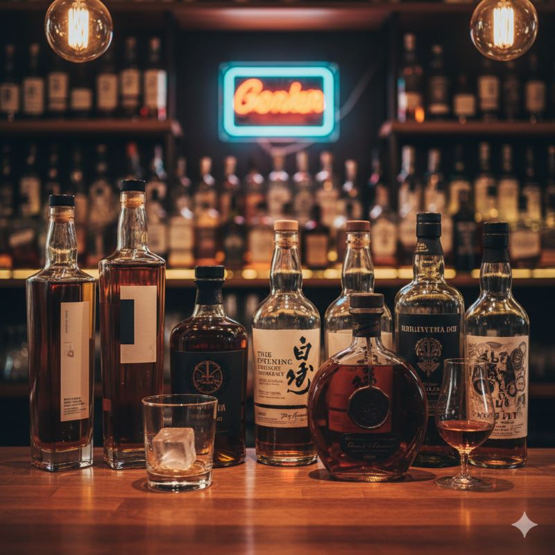 バーカウンターに並べられた、形状の異なる数種類のウイスキーボトル