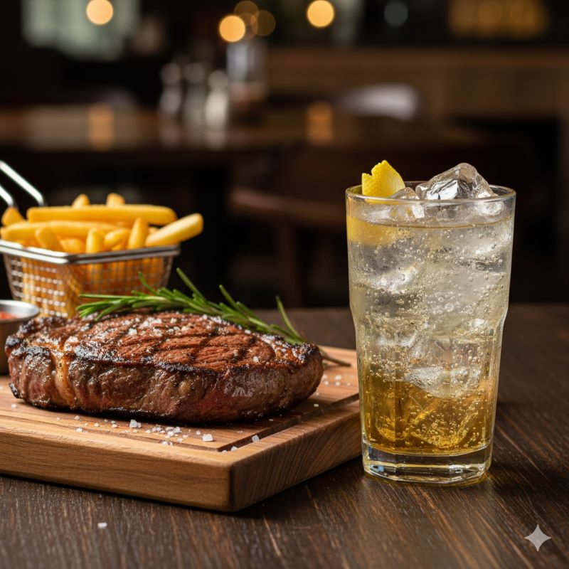 ジューシーなステーキ料理と、冷えたウイスキーハイボールが並んだ食卓