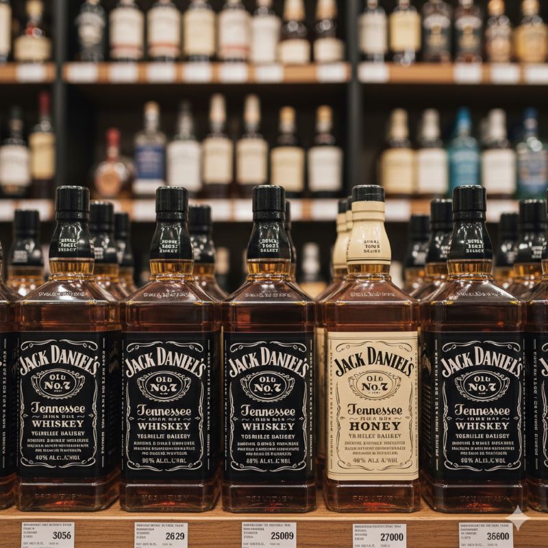 様々な種類のジャックダニエルのボトルが並ぶ棚。ラベルのアルコール度数表記が分かる。