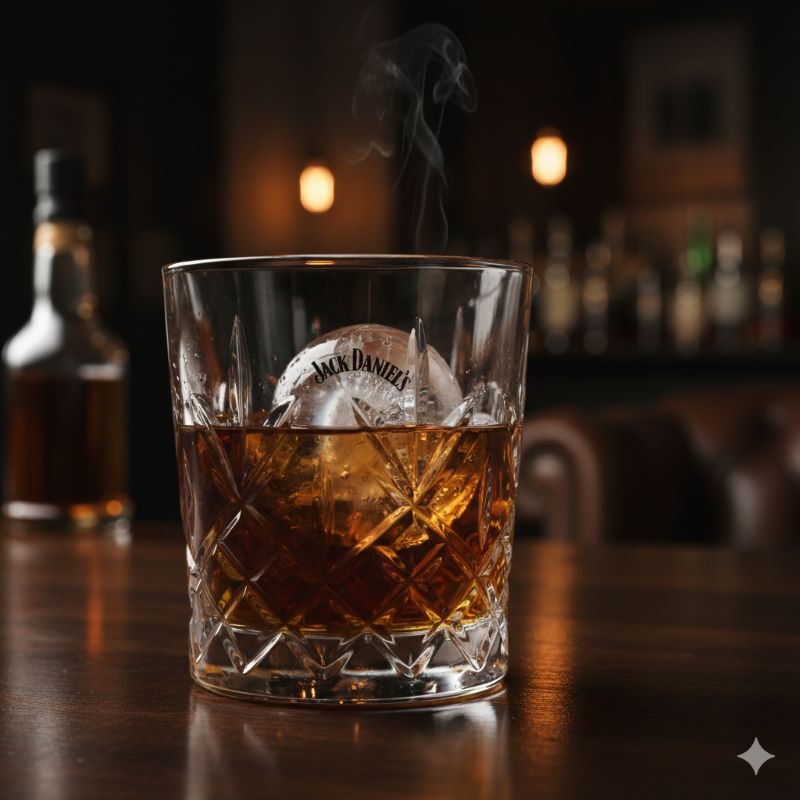 美しくカッティングされたロックグラスに注がれた琥珀色のジャックダニエルと丸い氷