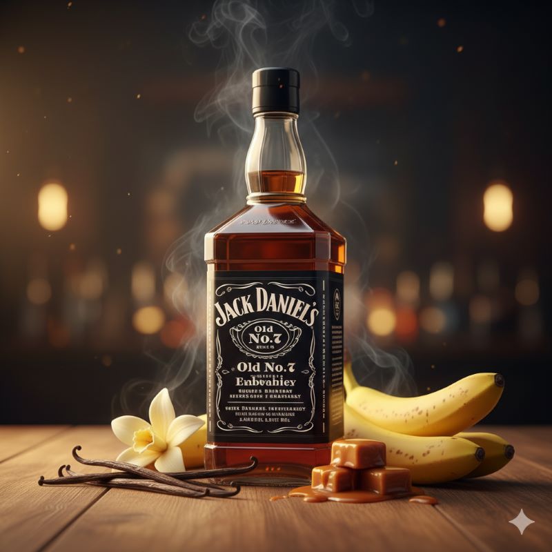 ジャックダニエルのボトルと共に、香りのイメージであるバニラ、キャラメル、完熟バナナが配置されたイメージ画像