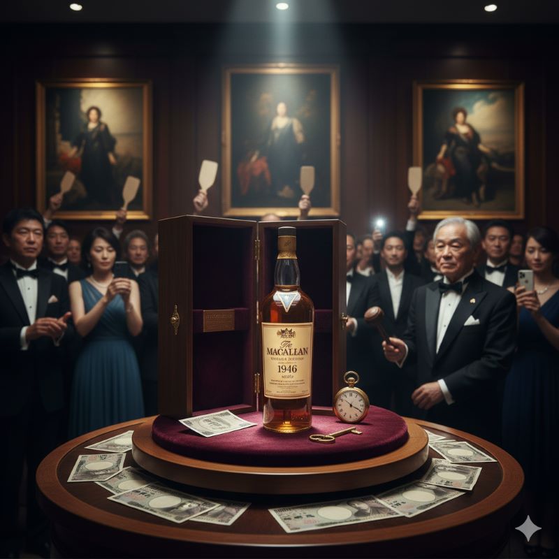 高級オークション会場でスポットライトを浴びる希少なヴィンテージウイスキーのボトル