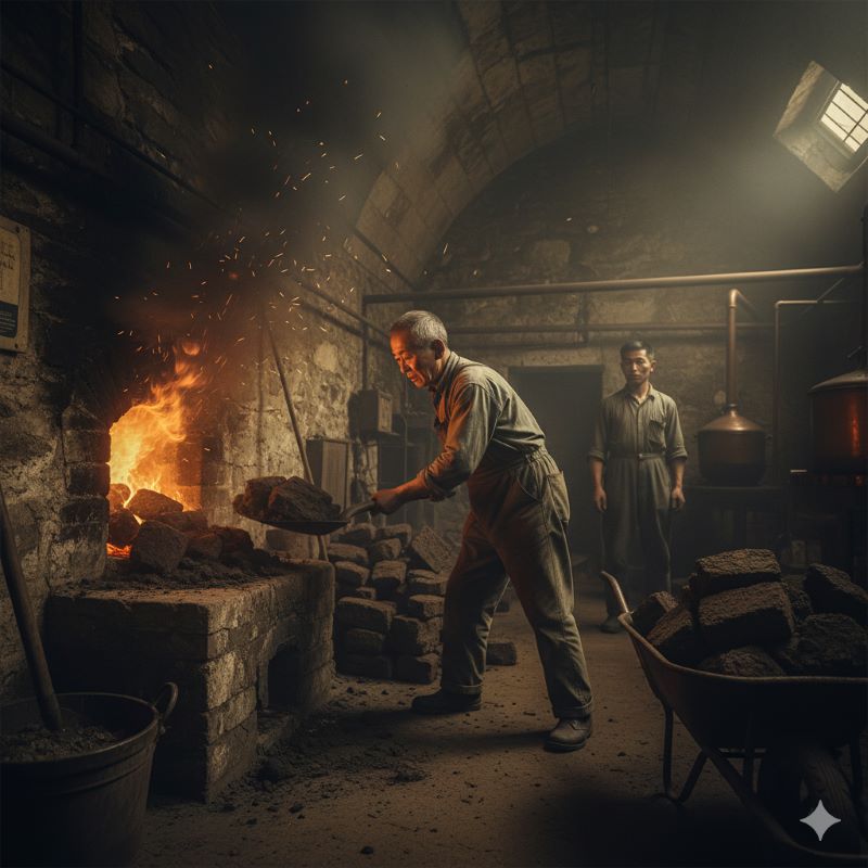 1946年当時のスコットランド蒸溜所で、石炭の代わりにピート（泥炭）をキルンにくべる作業風景のイメージ