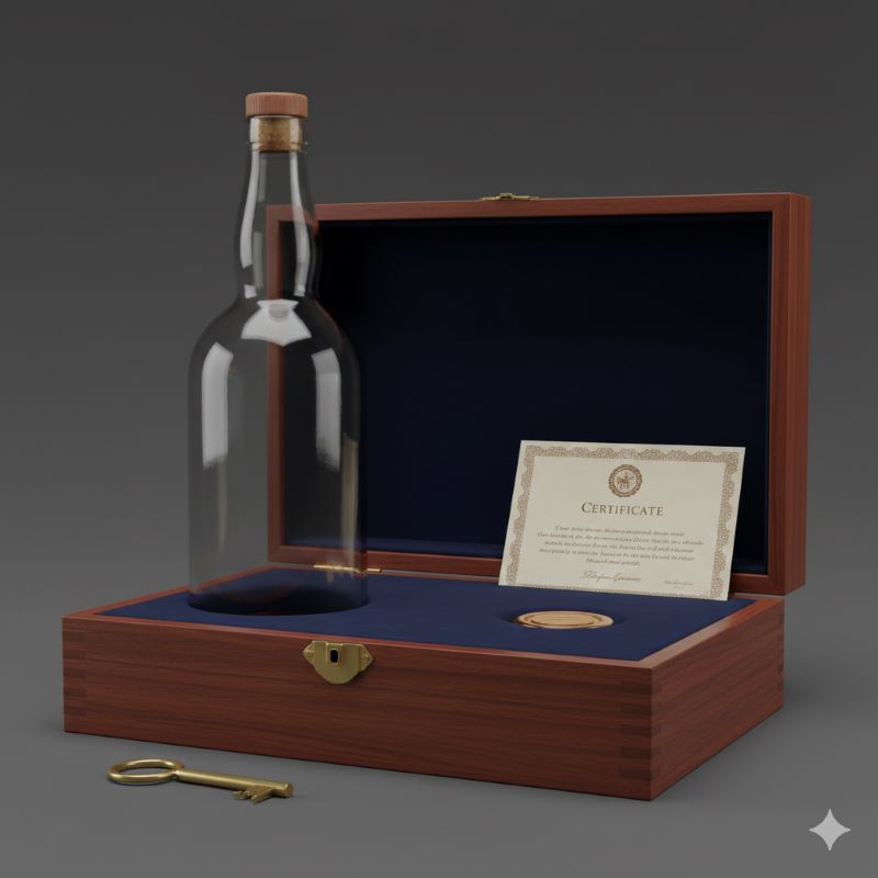 重厚な木箱に入ったウイスキーの空き瓶と、重要な付属品である真鍮製の鍵と証明書