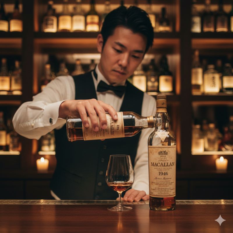 静かで高級感のある日本のオーセンティックバーで、ヴィンテージボトルを扱うバーテンダー