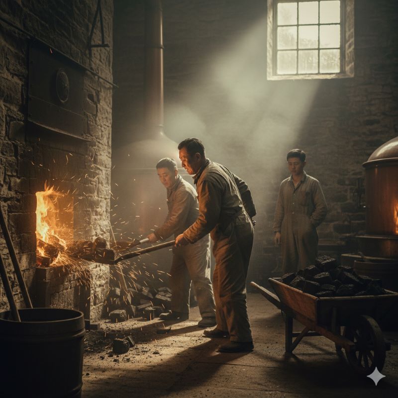 1946年、戦後の石炭不足によりマッカラン蒸溜所でピートをキルンにくべる作業員の様子