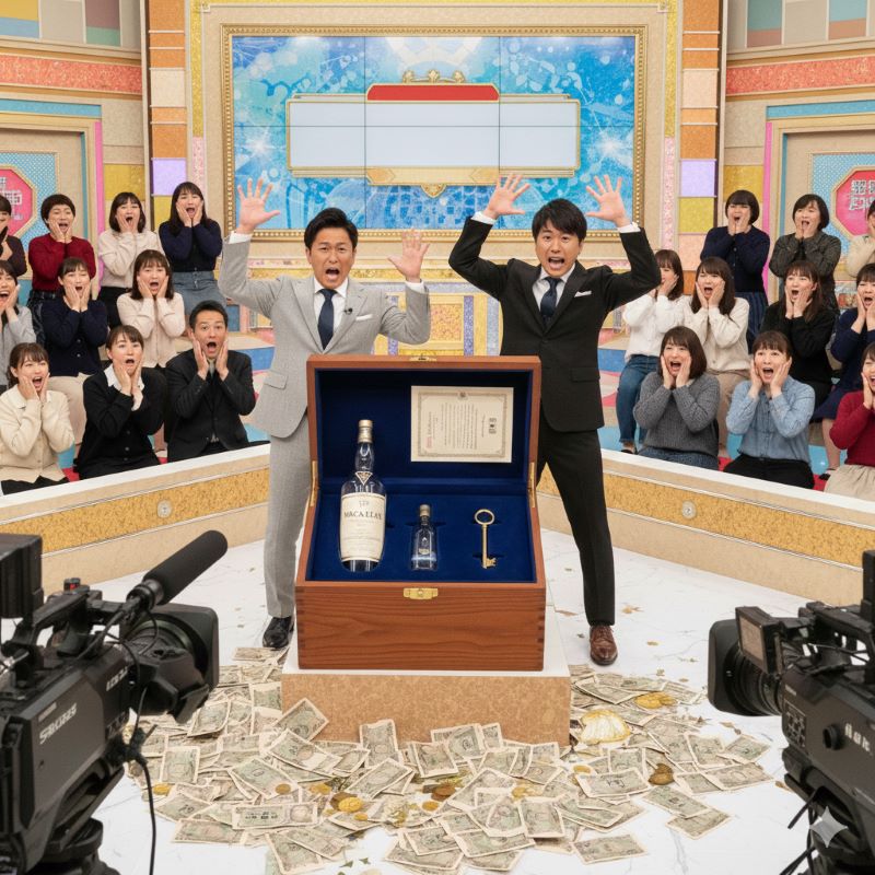 バラエティ番組のスタジオで、ついに開けられた重厚な木箱の中に「マッカラン1946」の空き瓶が現れ、その価値に驚愕する日本人出演者たちの様子