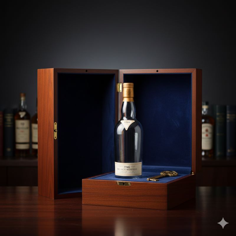 重厚な木箱と鍵が揃った、マッカラン1946の空き瓶のディスプレイイメージ