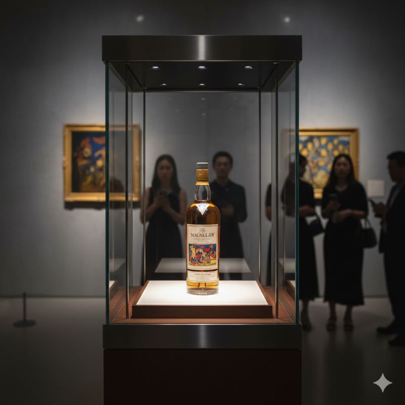 美術館のガラスケースに展示された、芸術品のような価値を持つ世界最高額級のヴィンテージウイスキー