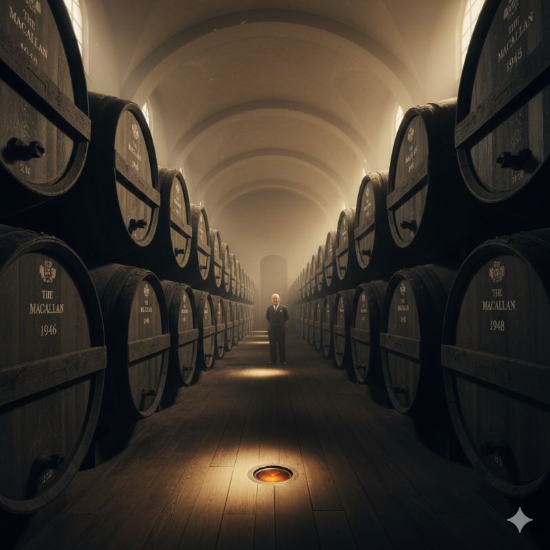静寂の中で長い年月をかけて原酒を熟成させる、マッカランのこだわりのシェリー樽が並ぶ貯蔵庫