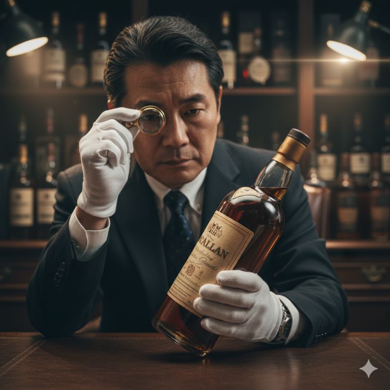 希少なウイスキーボトルのラベルや液面をルーペで入念にチェックする、白手袋をつけた日本人鑑定士