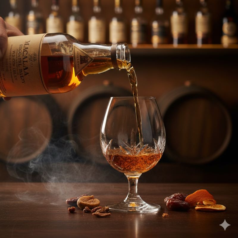 長い熟成を経た美しい琥珀色のマッカランが、クリスタルグラスに注がれる瞬間のイメージ