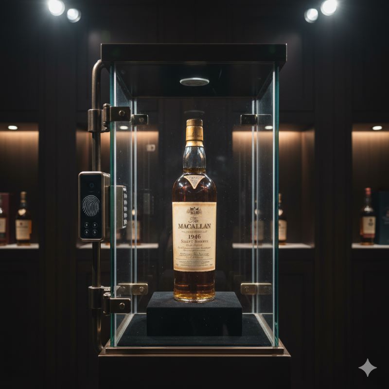 金庫のような高級ガラスケースに厳重に保管された、資産価値の高騰を象徴するヴィンテージ・マッカラン
